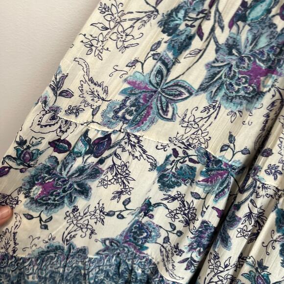 Angie Floral Boho Mini Dress S Blue White Rayon Smocked Waist Flutter Sleeve - Picture 6 of 7